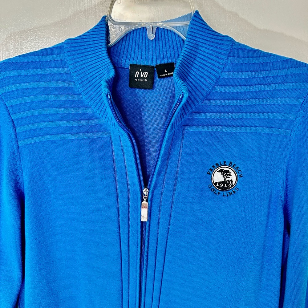 Stylish Blue Pebble Beach Golf Links Nivo by Lanctot Zip-Up Sweater Size L